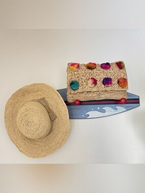 SERPUI Marie Woven Straw Pom Pom Clutch Bag Neutral Multi Color Boho